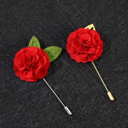 Gentleman's Essentials Premium Handmade Flower Lapel Pin Boutonniere - color: Crimson Red Camellia [Green Leaf]