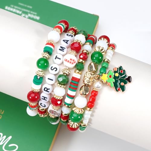 Ardorchid Halloween Bracelets for Women Pumpkin Ghost Steleton Bat Skull Beaded Stackable Stretchy Bracelet Rugby Thanksgiving Christmas Heishi Bracelets - color: Christmas Bracelets-1