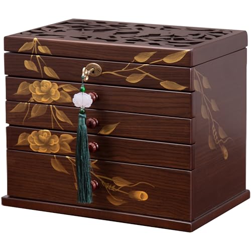 Painted Wooden Jewelry Box for Women, 6-Layer Vintage Organizer with Lock | Wood Jewelry Armoire: Necklace Hooks, Ring Slots, Dresser Drawers. Rust-Proof Velvet Lining. Antique Keepsake Gift for Her. - size: 6-layer Hand-drawn