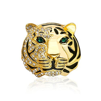 Rhinestone Tiger Head Brooch Pins.Gold Silver Animal Lapel Pin,Charm Lion Coat Collar Brooch for Men Suit Pin - color: Gold