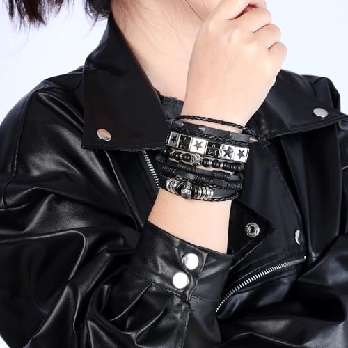 Braided Faux Leather Bracelet Punk Cuff Wrap Bracelets for Men Women Skull,Star,Bull bracelets - color: A2:5PCS