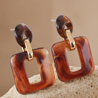 Retro Boho Hollow Square Earrings Lightweight Fashion Jewelry Casual Daily Wear Geometric Drop Earrings Party Acrylic Square Dangle Accessories - color: Brown
