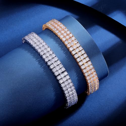 2 Rows Tennis Bracelets for Women Men - 18K Yellow Gold Plated 3mm Round Cut Cubic Zirconia Classic Tennis Bracelet, Size 6.5-8.5 Inch - color: White Gold - 3 Rows, size: 6.5 inch