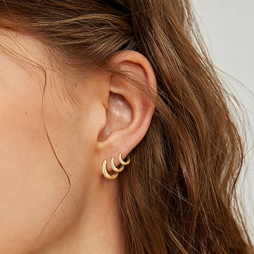 HILXURY 6 Pairs Small Gold Huggie Hoop Earrings for Women, 14K Gold Plated Cartilage Piercings Hoop Earrings Hypoallergenic, Trendy Lightweight Chunky Hoops Set for Women Gifts. - color: C- Gold