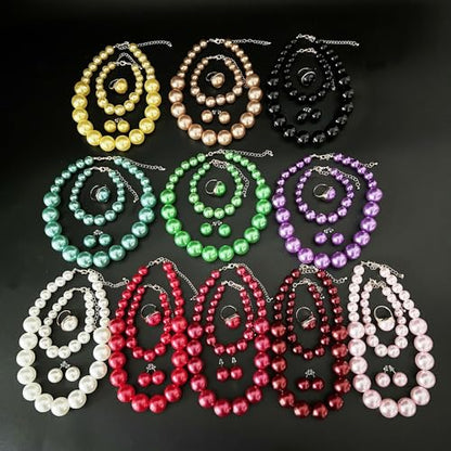 White Faux Pearl Necklace and Earrings Set Big Large Pearl Bead Ball Beaded Choker Necklace Black Pink Pearls Statement Bracelet Ring for Women - color: champagne
