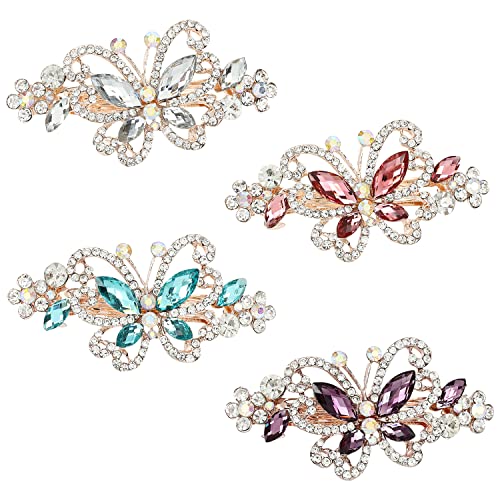 inSowni 4 Pack Luxury Glitter Sparkly Jeweled Gems Crystal Rhinestone Butterfly Metal French Barrettes Alligator Snap Hair Clips Headpieces Accessories for Women Girls - color: 4pcs Set D