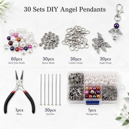 Metacipher 180Pcs DIY Angel Keychain Making Kit with Beads and Pliers ﻿ | Angel Wing Spacers,Pearl Beads,Lobster Clasps,DIY Bag Charm, Jewelry Making Supplies,Party Favor,Crafts for Women - color: White Pearl