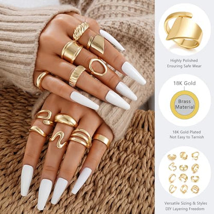17 MILE Chunky Gold Stackable Rings for Women Non Tarnish, 18K Gold-Plated Statement Open Stacking Rings, Knuckle Band Ring Set - color: 12 Pcs Gold