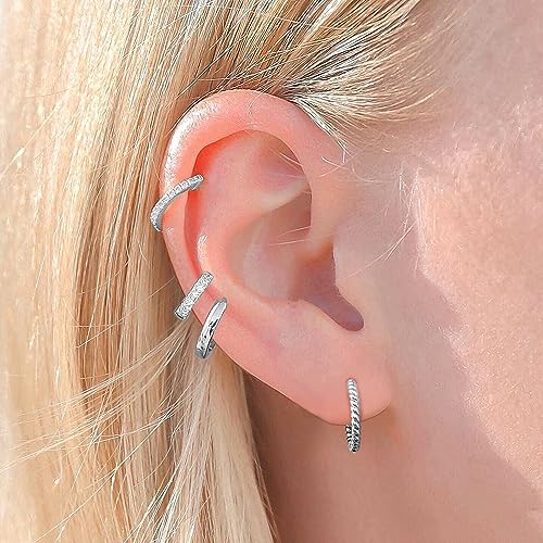 micuco 3 Pairs Small Gold Hoop Huggie Earrings Set for Women Men Tendy | 14K Gold Plated Small Huggie Hoop Earrings for Men, Tiny Cartilage Hypoallergenic Earring Set - style: D# CZ silver 8-10-12mm