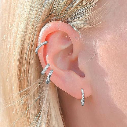 micuco 3 Pairs Small Gold Hoop Huggie Earrings Set for Women Men Tendy | 14K Gold Plated Small Huggie Hoop Earrings for Men, Tiny Cartilage Hypoallergenic Earring Set - style: D# CZ silver 8-10-12mm