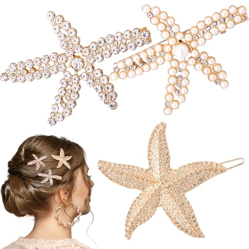 PAGOW 3 PCS Starfish Hair Clips, 3 Styles Gold Rhinestone Hair Clips, Faux Pearl Crystal Sea Star Wedding Headpiece Hair Accessories For Women Bride - color: 3pcs-gold,style2