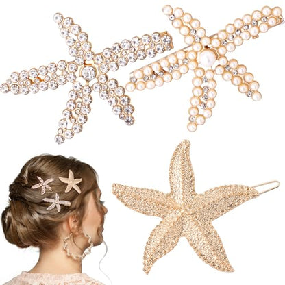 PAGOW 3 PCS Starfish Hair Clips, 3 Styles Gold Rhinestone Hair Clips, Faux Pearl Crystal Sea Star Wedding Headpiece Hair Accessories For Women Bride - color: 3pcs-gold,style2