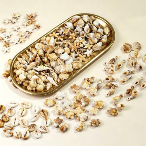 Acrylic Shell Beads 100 Pcs with Big Hole – Faux Seashell Spacer Beads, Natural Look Ocean Starfish Snail Conch Scallop Turtle Charms for Summer DIY Necklace Bracelet Earring Jewelry Making