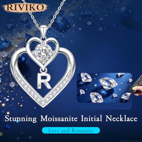 RIVIKO 1 Carat Moissanite Heart Initial Necklace for Women,Letter Pendant | 925 Sterling Silver Chain,Personalized Jewelry,Anniversary Birthday Gifts for Wife Friend Mom - color: Letter R