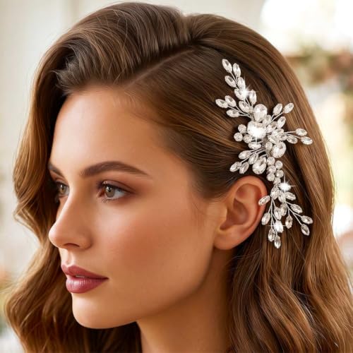 HEREAD Rhinestone Bride Wedding Hair Comb Silver Crystal Bridal Hair Pieces Hair Accessories for Women (Silver)