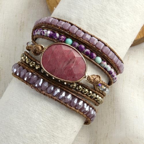 Handmade Boho Wrap Bracelets Natural Turquoise Crystal Stone Variety Beaded Strand Bracelet - color: Red Agate #2