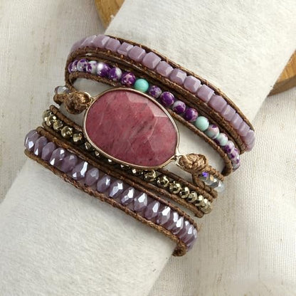 Handmade Boho Wrap Bracelets Natural Turquoise Crystal Stone Variety Beaded Strand Bracelet - color: Red Agate #2
