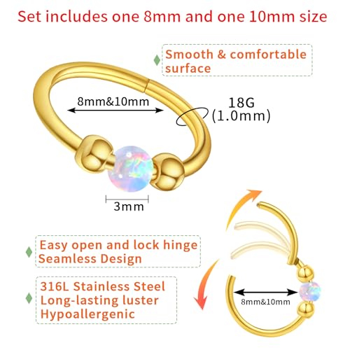 Thiswhyimbeauty 2PCS 18g Opal Nose Rings for Women Nose Hoops 8mm/10mm Hypoallergenic 316L Surgical Steel Nose Rings Piercing Jewelry Can Be Used as a Nose Ring, Septum Ring, and Cartilage Earring - color: A-Gold White opal