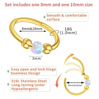 Thiswhyimbeauty 2PCS 18g Opal Nose Rings for Women Nose Hoops 8mm/10mm Hypoallergenic 316L Surgical Steel Nose Rings Piercing Jewelry Can Be Used as a Nose Ring, Septum Ring, and Cartilage Earring - color: A-Gold White opal