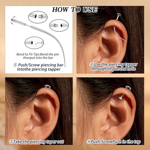 Piercing Ball Grabber Tool, 14-20G Taper for Changing Jewelry | Surgical Steel Flat Back Earrings Threader Tool Insertion Pin, Body Piercing Kit for Ear Rook Conch Nose Lip Jewelry Removal - style: Curved External Thread(14G 16G 18G)
