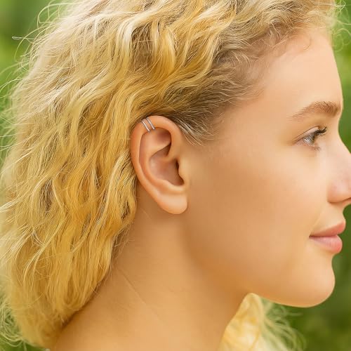 Fake Double Hoop Helix Piercing Ear Cuff - 14K Gold Filled, 925 Sterling Silver, Black Silver Ear Cuffs - Faux Helix Hoop Earring - Clip On Fake Piercing Jewelry - Ear Cuffs Non Piercing - color: 925 Silver