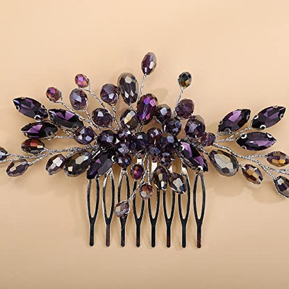 Teyglen Rhinestone Wedding Headpieces Bridal Purple Crystal Hair Comb Hair Accessories for Bride Handmade Red Black Blue Hair Pieces for Women Girls - color: Purple