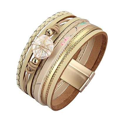 GelConnie Leather Cuff Bracelet Baroque Pearl Wrap Bracelet Gorgeous Gold Tube Bangle Boho Bracelet Bohemian Wristband Jewelry Gift for Women Wife - color: Women Leather Bracelet