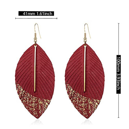 Bohemian Handmade Lightweight Color Large Genuine Soft Leather Fringe Feather Leaf Tear Dangle Drop Earrings for Women Statement - color: 2-Red