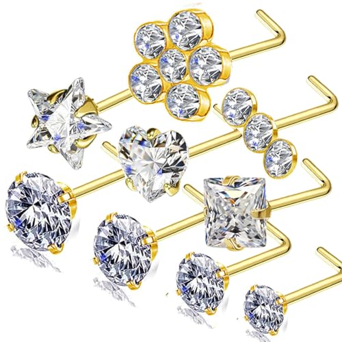 14k Gold Plated Nose Rings Studs for Women 316L Surgical Steel Nose Piercings 22g/20g/18g Gauges 1.5mm/2mm/2.5mm/3mm/3.5mm/4.5mm Sizes - color: 20g 9pcs L Gold Surgical Steel