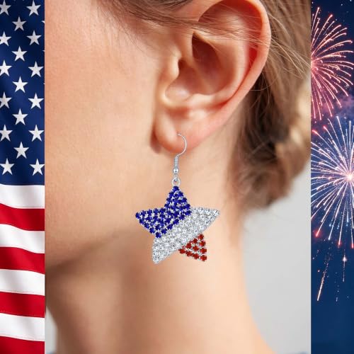 Go Ho 4th of July Earrings for Women, American Flag Red White and Blue Sparkly Crystal Dangle Earrings, Patriotic Jewelry Accessories - color: Star