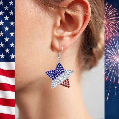 Go Ho 4th of July Earrings for Women, American Flag Red White and Blue Sparkly Crystal Dangle Earrings, Patriotic Jewelry Accessories - color: Star