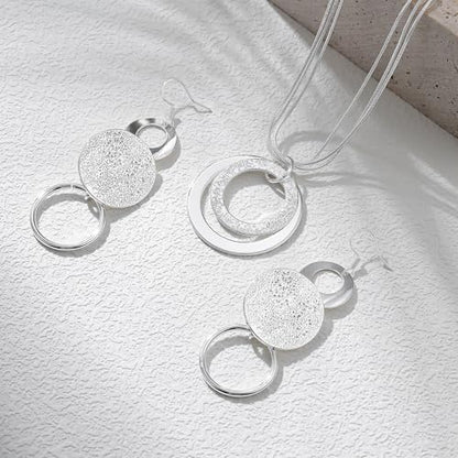 3 Circles Silver Hoop Earrings Necklace Set for Women Geometric Jewelry Set | 925 Silver Hypoallergenic Small Hoop Circle Geometry Textured Finish Minimalist Style Comfortable Wear - style: 2 Hoop