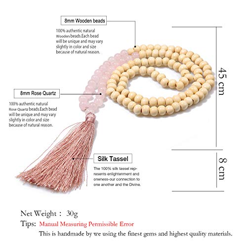 8MM Semi-Precious Gem Stones Wood Mala Bead Necklace | Multicolor Long Tassel Charms Chain Necklace,Handmade Beaded Pendant Necklace for Women Men - color: Wooden+Rose Quartz