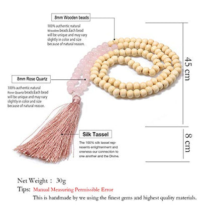 8MM Semi-Precious Gem Stones Wood Mala Bead Necklace | Multicolor Long Tassel Charms Chain Necklace,Handmade Beaded Pendant Necklace for Women Men - color: Wooden+Rose Quartz