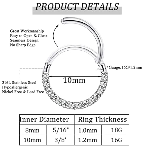 Jstyle 6Pcs 16G 18G Septum Rings Surgical Steel Nose Rings Hoop for Women Opal CZ Daith Cartilage Hoop Earring Clicker Septum Jewelry Hinged Hoop Nose Ring Lip Helix Rook Tragus Piercing Jewelry - color: Silver