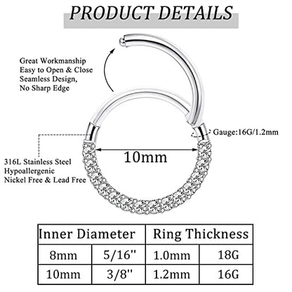 Jstyle 6Pcs 16G 18G Septum Rings Surgical Steel Nose Rings Hoop for Women Opal CZ Daith Cartilage Hoop Earring Clicker Septum Jewelry Hinged Hoop Nose Ring Lip Helix Rook Tragus Piercing Jewelry - color: Silver