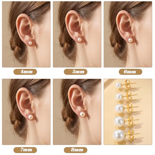 5 Pairs Pearl Earrings Set Gold Filled Polished Pearl Stud Earrings for Women 4mm,5mm,6mm,7mm,8mm 5 Sizes Jewelry for Wedding Birthday Party Prom