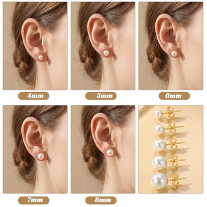 5 Pairs Pearl Earrings Set Gold Filled Polished Pearl Stud Earrings for Women 4mm,5mm,6mm,7mm,8mm 5 Sizes Jewelry for Wedding Birthday Party Prom