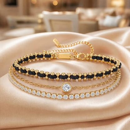 14K Gold Plated Bracelets for Women 2 Pcs Set - Red String & Cubic Zirconia Tennis Bracelet, Layered Stackable Adjustable Wristbands, Hypoallergenic Handmade Jewelry Gifts for Mom Wife Her - color: black