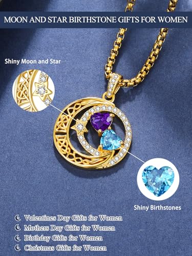 14K Gold Moon and Star Double Birthstone Necklace Gifts for Women | 2 Heart Birthstone Necklace,Mothers Day Wedding Anniversary Birthday Gifts for Wife Mom Daughter Grandma Sister - color: 02-12-Feb-Dec Birthstone