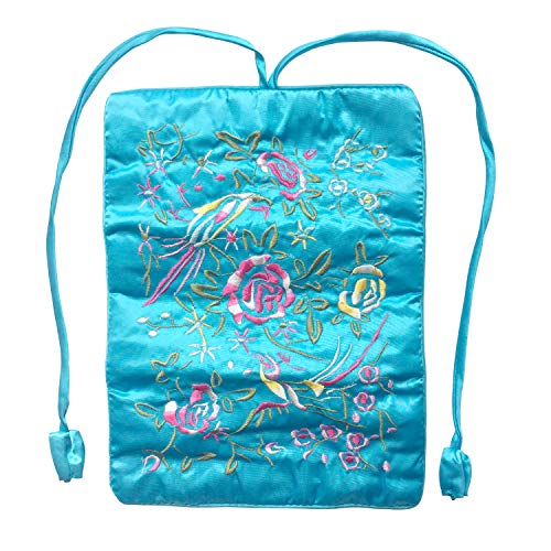 Travel Jewelry Roll Bag - Silk Embroidered Brocade Pouch for Rings, Necklaces, Earrings, Bracelets | Lightweight & Tie Closure (Sky Blue) - color: Sky Blue