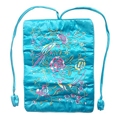 Travel Jewelry Roll Bag - Silk Embroidered Brocade Pouch for Rings, Necklaces, Earrings, Bracelets | Lightweight & Tie Closure (Sky Blue) - color: Sky Blue