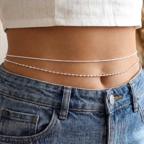 Waist Chain Silver Beads Belly Chain Gold silver Women Dainty Body Jewelry Accessories - color: silver shiny beaded - 30 + 8 in