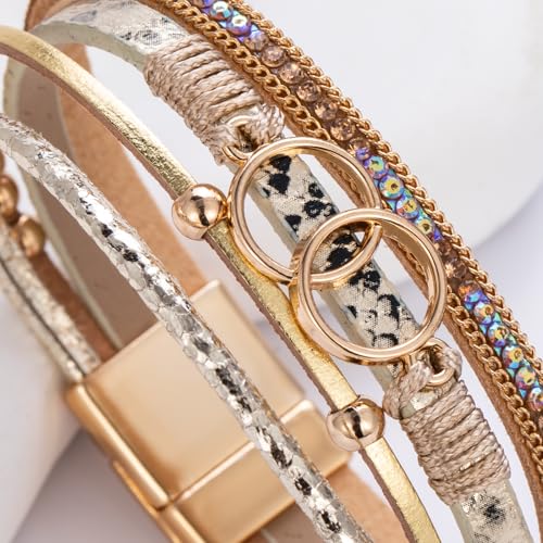 Chunky Boho Leather Wrap Bracelets Cowgirl Beaded Circle Western Jewelry | Stackable Infinity Layered Bohemian Magnetic Clasp Cuff Statement Fashion Colorful Country Hippie Outfits for Women Trendy - color: Snakeskin Gold