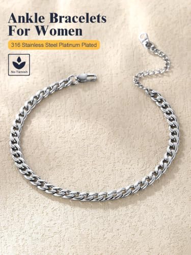 U7 Ankle Bracelets for Women Stainless Steel Waterproof Tarnish Resistant | 18K Gold Plated/Silver/Rose Gold Anklets, Cuban Chain Anklet Bracelets, Perfect for Summer Beach and Vacation Outfits - color: Stainless Steel-5mm-Curb Chain