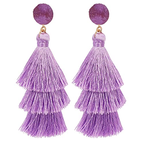 Bohemian Tiered Tassel Earrings with Druzy Stud for Women | Long Layered Fringe Drop Earrings, Statement Jewelry for Party Beach Festival - color: Purple