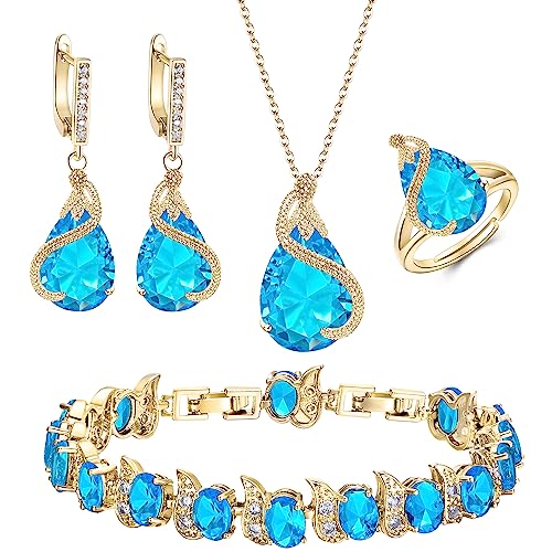 EVER FAITH Wedding Jewelry Set for Bride Bridesmaid, Glamour Teardrop Cubic Zirconia Pendant Necklace Earrings Tennis Bracelet Open Ring Sets for Birthday/Valentine's Day/Mother's Day/Christmas - color: A_Sky Blue Gold-Plated-Brass