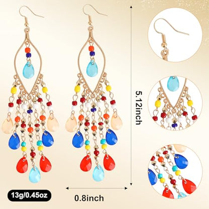 Boho Chandelier Earrings, Beaded Tasse Dangle Earring for Women, Red, Black, Blue, White, Colorful Long Earrings - color: Colorful