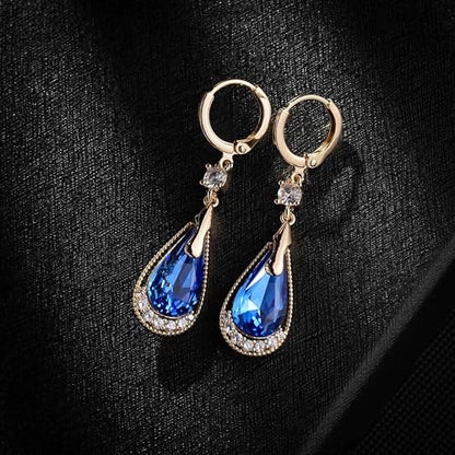 Trendy Austrian Crystal Teardrop Drop Huggie Dangle Earrings for Women 14k Rose Gold Plated Hypoallergenic Jewelry Gifts - color: Blue