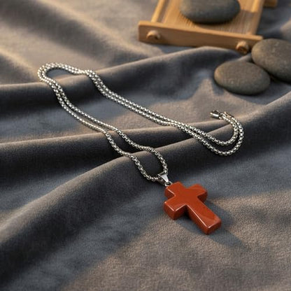 Justinstones 32mm Gemstone Carved Cross Reiki Chakra Pendant With Stainless Steel Necklace 22 Inch - color: Red Jasper